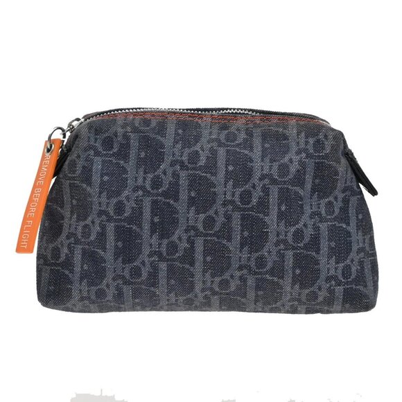 CHRISTIAN DIOR Logo Trotter Pattern Denim Pouch Bag Canvas Leather - Picture 1 of 16